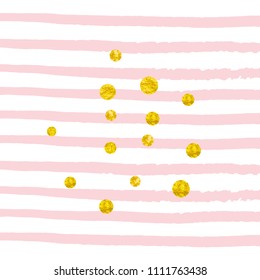 Gold glitter dots confetti on pink stripes. Sequins with metallic shimmer and sparkles. Design with gold glitter dots for party invitation, bridal shower and save the date invite.
