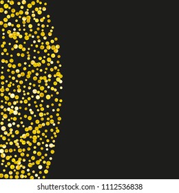 Gold glitter dots confetti on isolated backdrop. Shiny random sequins with metallic sparkles. Design with gold glitter dots for greeting card, bridal shower and save the date invite.