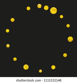 Gold glitter dots confetti on isolated backdrop. Shiny random sequins with metallic sparkles. Design with gold glitter dots for party invitation, event banner, flyer, birthday card.