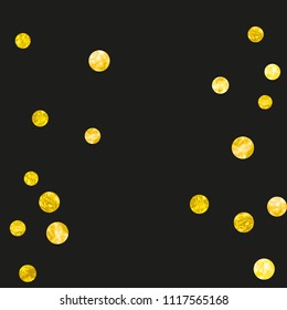 Gold glitter dots confetti on isolated backdrop. Shiny random falling sequins with sparkles. Template with gold glitter dots for party invitation, banner, greeting card, bridal shower.