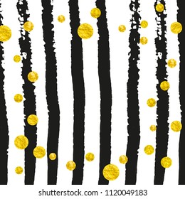 Gold glitter dots confetti on black stripes. Shiny random falling sequins with shimmer. Template with gold glitter dots for party invitation, banner, greeting card, bridal shower.