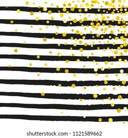 Gold glitter dots confetti on black stripes. Falling sequins with shimmer and sparkles. Template with gold glitter dots for party invitation, banner, greeting card, bridal shower.