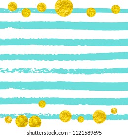 Gold glitter dots confetti on turquoise stripes. Sequins with metallic shimmer and sparkles. Design with gold glitter dots for party invitation, event banner, flyer, birthday card.