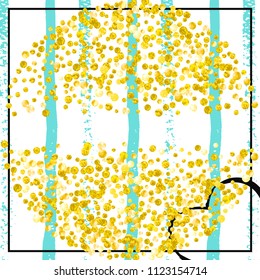 Gold glitter dots confetti on turquoise stripes. Falling sequins with glossy sparkles. Template with gold glitter dots for party invitation, banner, greeting card, bridal shower.