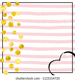 Gold glitter dots confetti on pink stripes. Shiny falling sequins with shimmer and sparkles. Design with gold glitter dots for party invitation, banner, greeting card, bridal shower.