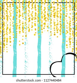 Gold glitter dots confetti on turquoise stripes. Falling sequins with shimmer and sparkles. Design with gold glitter dots for party invitation, bridal shower and save the date invite.