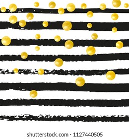 Gold glitter dots confetti on black stripes. Shiny falling sequins with shimmer and sparkles. Template with gold glitter dots for party invitation, banner, greeting card, bridal shower.