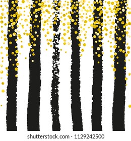 Gold glitter dots confetti on black stripes. Random falling sequins with glossy sparkles. Design with gold glitter dots for party invitation, banner, greeting card, bridal shower.