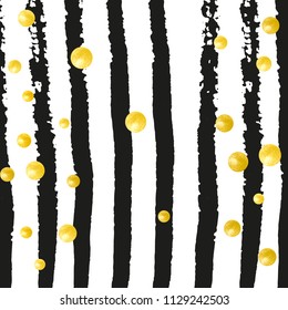 Gold glitter dots confetti on black stripes. Shiny random falling sequins with sparkles. Template with gold glitter dots for party invitation, bridal shower and save the date invite.