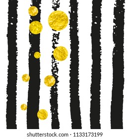 Gold glitter dots confetti on black stripes. Falling sequins with metallic shimmer. Template with gold glitter dots for party invitation, event banner, flyer, birthday card.