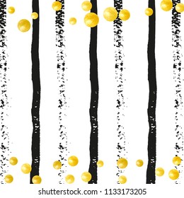 Gold glitter dots confetti on black stripes. Falling sequins with glossy sparkles. Design with gold glitter dots for party invitation, event banner, flyer, birthday card.