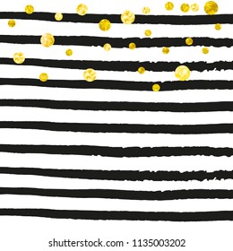 Gold glitter dots confetti on black stripes. Falling sequins with glossy sparkles. Design with gold glitter dots for greeting card, bridal shower and save the date invite.