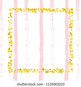 Gold glitter dots confetti on pink stripes. Falling sequins with metallic shimmer. Template with gold glitter dots for party invitation, bridal shower and save the date invite.