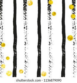 Gold glitter dots confetti on black stripes. Random falling sequins with metallic shimmer. Design with gold glitter dots for party invitation, banner, greeting card, bridal shower.