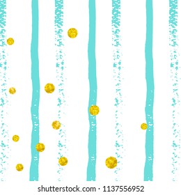 Gold glitter dots confetti on turquoise stripes. Falling sequins with glossy sparkles. Template with gold glitter dots for party invitation, event banner, flyer, birthday card.