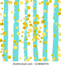 Gold glitter dots confetti on turquoise stripes. Falling sequins with metallic shimmer. Design with gold glitter dots for greeting card, bridal shower and save the date invite.