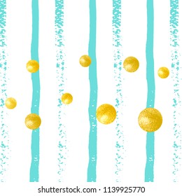 Gold glitter dots confetti on turquoise stripes. Shiny falling sequins with shimmer and sparkles. Design with gold glitter dots for party invitation, event banner, flyer, birthday card.