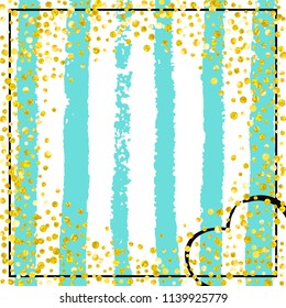 Gold glitter dots confetti on turquoise stripes. Shiny random falling sequins with sparkles. Design with gold glitter dots for party invitation, event banner, flyer, birthday card.
