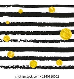Gold glitter dots confetti on black stripes. Falling sequins with glossy sparkles. Design with gold glitter dots for party invitation, bridal shower and save the date invite.