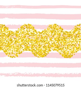 Gold glitter dots confetti on pink stripes. Random falling sequins with metallic shimmer. Template with gold glitter dots for greeting card, bridal shower and save the date invite.
