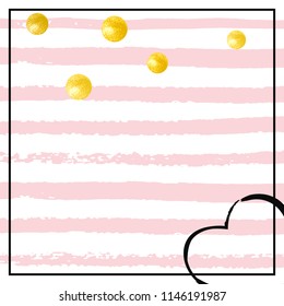Gold glitter dots confetti on pink stripes. Shiny random sequins with metallic sparkles. Design with gold glitter dots for party invitation, event banner, flyer, birthday card.
