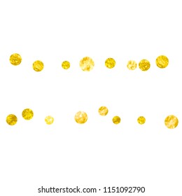 Gold glitter dots confetti on isolated backdrop. Shiny random falling sequins with shimmer. Template with gold glitter dots for party invitation, bridal shower and save the date invite.