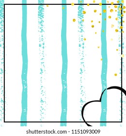 Gold glitter dots confetti on turquoise stripes. Shiny random falling sequins with shimmer. Template with gold glitter dots for party invitation, banner, greeting card, bridal shower.