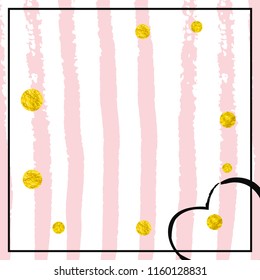Gold glitter dots confetti on pink stripes. Shiny random sequins with metallic sparkles. Template with gold glitter dots for party invitation, bridal shower and save the date invite.