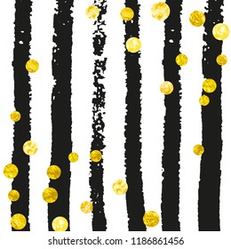 Gold glitter dots confetti on black stripes. Shiny random sequins with metallic sparkles. Design with gold glitter dots for party invitation, event banner, flyer, birthday card.