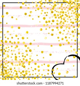 Gold glitter dots confetti on pink stripes. Falling sequins with shimmer and sparkles. Template with gold glitter dots for party invitation, event banner, flyer, birthday card.