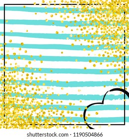 Gold glitter dots confetti on turquoise stripes. Falling sequins with metallic shimmer. Design with gold glitter dots for party invitation, event banner, flyer, birthday card.