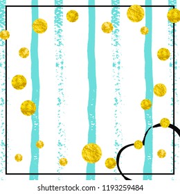 Gold glitter dots confetti on turquoise stripes. Shiny random falling sequins with sparkles. Design with gold glitter dots for party invitation, banner, greeting card, bridal shower.