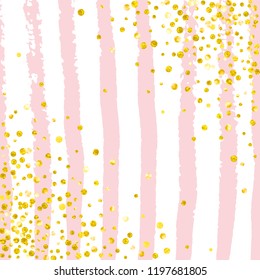 Gold glitter dots confetti on pink stripes. Shiny random falling sequins with sparkles. Design with gold glitter dots for greeting card, bridal shower and save the date invite.