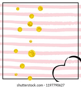 Gold glitter dots confetti on pink stripes. Falling sequins with shimmer and sparkles. Design with gold glitter dots for party invitation, event banner, flyer, birthday card.