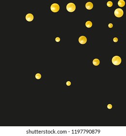 Gold glitter dots confetti on isolated backdrop. Shiny falling sequins with shimmer and sparkles. Template with gold glitter dots for party invitation, event banner, flyer, birthday card.
