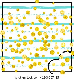 Gold glitter dots confetti on turquoise stripes. Shiny random sequins with metallic sparkles. Template with gold glitter dots for party invitation, event banner, flyer, birthday card.