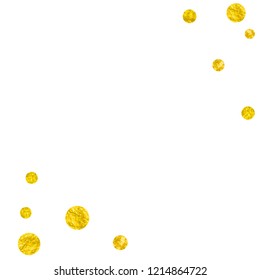 Gold glitter dots confetti on isolated backdrop. Shiny random falling sequins with sparkles. Template with gold glitter dots for party invitation, banner, greeting card, bridal shower.