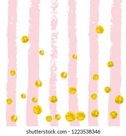 Gold glitter dots confetti on pink stripes. Random falling sequins with glossy sparkles. Design with gold glitter dots for party invitation, banner, greeting card, bridal shower.