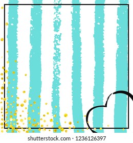 Gold glitter dots confetti on turquoise stripes. Falling sequins with shimmer and sparkles. Template with gold glitter dots for greeting card, bridal shower and save the date invite.