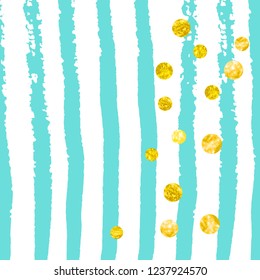 Gold glitter dots confetti on turquoise stripes. Random falling sequins with metallic shimmer. Design with gold glitter dots for party invitation, bridal shower and save the date invite.