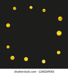 Gold glitter dots confetti on isolated backdrop. Shiny falling sequins with shimmer and sparkles. Template with gold glitter dots for party invitation, event banner, flyer, birthday card.
