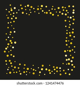 Gold glitter dots confetti on isolated backdrop. Shiny random falling sequins with sparkles. Template with gold glitter dots for party invitation, event banner, flyer, birthday card.