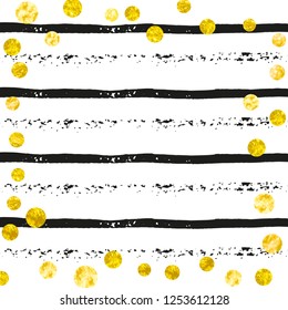 Gold glitter dots confetti on black stripes. Shiny random sequins with metallic sparkles. Template with gold glitter dots for party invitation, event banner, flyer, birthday card.