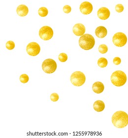 Gold glitter dots confetti on isolated backdrop. Shiny random falling sequins with sparkles. Template with gold glitter dots for party invitation, event banner, flyer, birthday card.