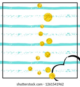 Gold glitter dots confetti on turquoise stripes. Falling sequins with metallic shimmer. Template with gold glitter dots for greeting card, bridal shower and save the date invite.