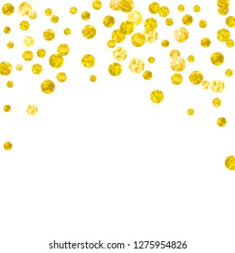 Gold glitter dots confetti on isolated backdrop. Shiny random falling sequins with shimmer. Design with gold glitter dots for party invitation, event banner, flyer, birthday card.