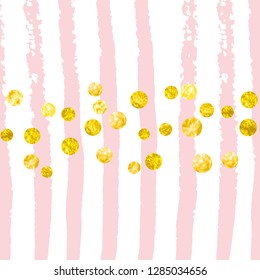 Gold glitter dots confetti on pink stripes. Sequins with metallic shimmer and sparkles. Design with gold glitter dots for party invitation, event banner, flyer, birthday card.