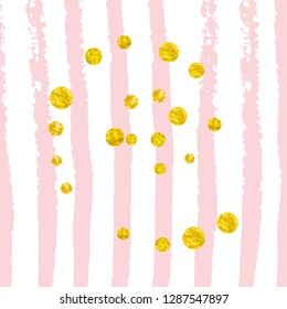 Gold glitter dots confetti on pink stripes. Falling sequins with shimmer and sparkles. Design with gold glitter dots for party invitation, bridal shower and save the date invite.