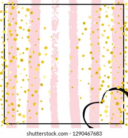 Gold glitter dots confetti on pink stripes. Shiny random sequins with metallic sparkles. Design with gold glitter dots for party invitation, banner, greeting card, bridal shower.