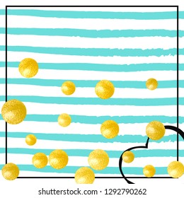 Gold glitter dots confetti on turquoise stripes. Shiny falling sequins with shimmer and sparkles. Design with gold glitter dots for greeting card, bridal shower and save the date invite.